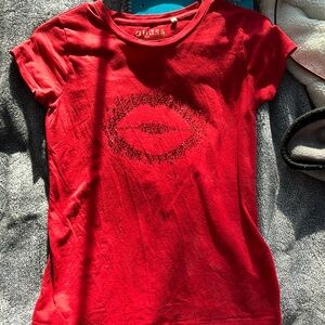 Red Guess shirt with red rhinestones in the front, size small, great condition